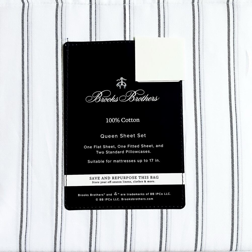 NEW Brooks Brothers 100% Cotton Sheet Set - White Black Gray Stripe, Queen Size